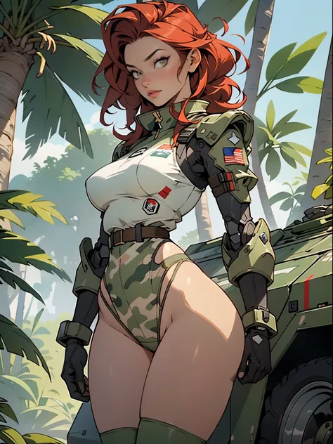 1woman 20 years old, sculpted, military, wearing a soldier helmet, beautiful, perfect body, realistic, red hair, perfect body, thin waist, full outfit, wide hips, large breasts, slim thighs, jungle background, armored vehicle, flying fighters, military rob...