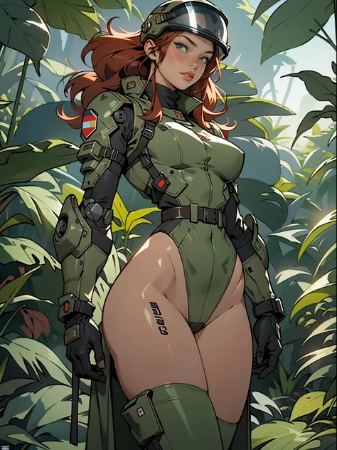 1woman 20 years old, sculpted, military, wearing a soldier helmet, beautiful, perfect body, realistic, red hair, perfect body, thin waist, full outfit, wide hips, large breasts, slim thighs, jungle background, armored vehicle, flying fighters, military rob...