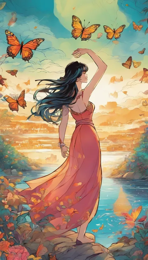 Beautiful energy art that gives power to those who see it。Landscape Images。butterflies dancing on the riverside。Fantastical。Dreamy。Fantasia。