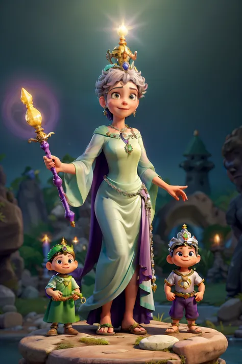 Uma senhora, in a long green dress with purple sleeves with a large silver crown on her head, holding in his right hand a child with a halo and in his left hand a silver scepter and standing on top of a stone surrounded by angels with a blue cape with a br...