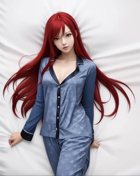 a close up of a person in a blue pajamas with long red hair, lying on ben, looking at viewer, erza scarlet as a real person, rias gremory, female anime character, anime girl named Erza Scarlet, Fairy Tale anime, best anime character design, she has red hai...