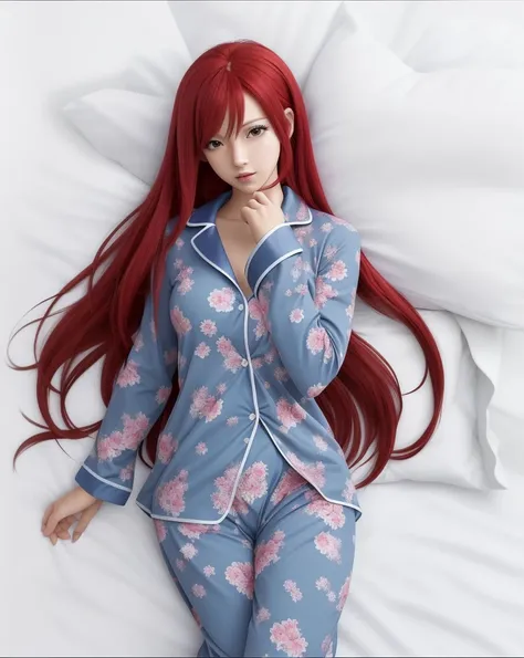 a close up of a person in a blue pajamas with long red hair, lying on ben, looking at viewer, erza scarlet as a real person, rias gremory, female anime character, anime girl named Erza Scarlet, Fairy Tale anime, best anime character design, she has red hai...