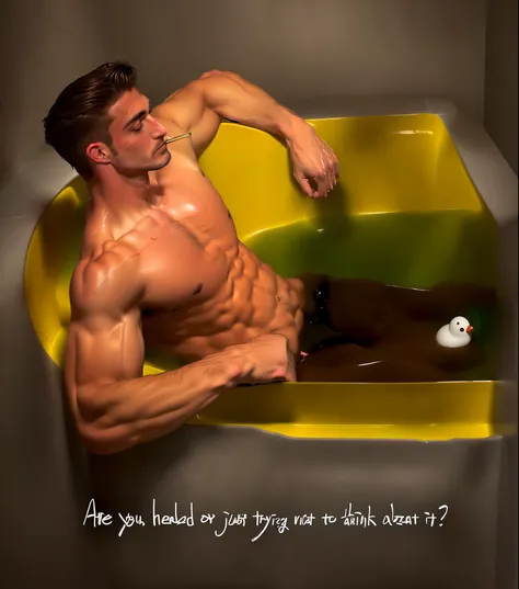 there is a man laying in a bathtub with bloody red water , laying in bathtub, lying in bathtub with blood on the body smoking, lying at the bathtub with a yellow rubber duck, in the bathtub with black pants on, male art, Fanart ", inspired by Gaston Anglad...