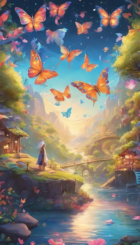 Beautiful energy art that gives power to those who see it。Landscape Images。butterflies dancing on the riverside。Fantastical。Dreamy。Fantasia。