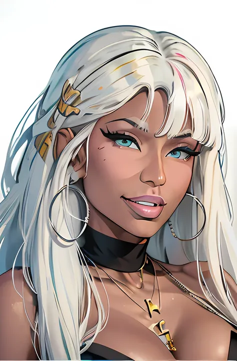 (Nicki Minaj), Best quality, 4k, High Resolution, masterpiece, portrait, 1 girl, long white hair with bangs, hazel eyes, smiling, dark skin