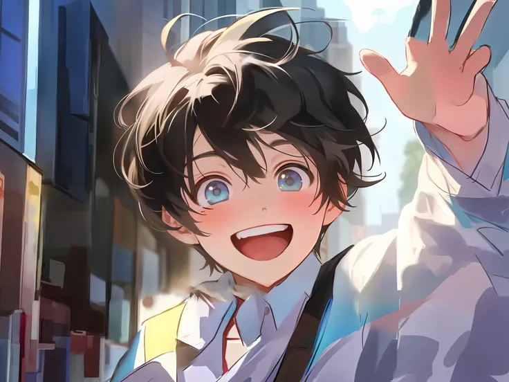 anime boy waving in the street with his hand up, anime boy, [[[[grinning evily]]]], kawacy, cute anime face, anime moe artstyle, high quality anime artstyle, perfect anime face, smileing nright, cute natural anime face, grinning lasciviously, tall anime gu...