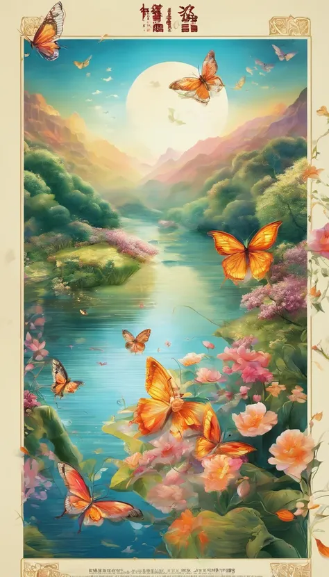 Beautiful energy art that gives power to those who see it。Landscape Images。butterflies dancing on the riverside。Fantastical。Dreamy。Fantasia。