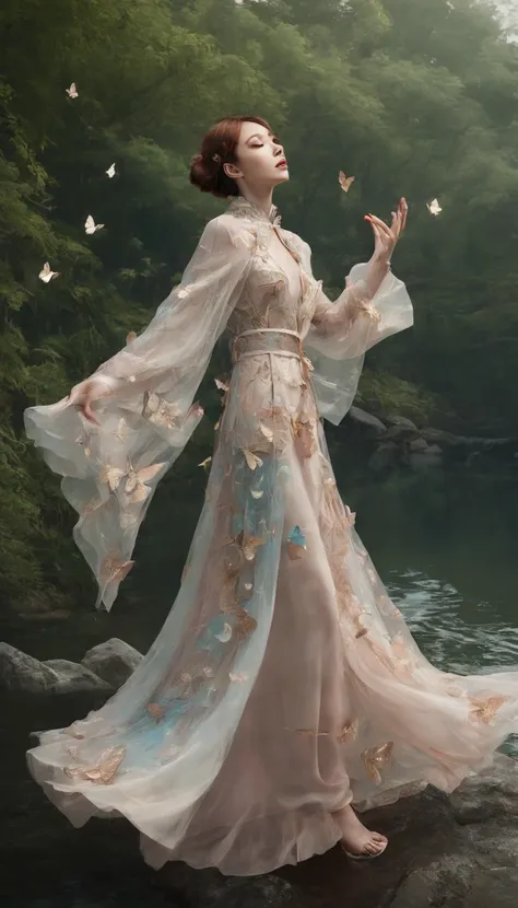 Beautiful energy art that gives power to those who see it。Landscape Images。butterflies dancing on the riverside。Fantastical。Dreamy。Fantasia。