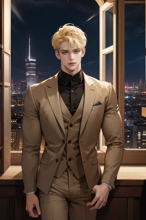 (modern day, k hd, ultra - detailed), (1male people, solo person, AS-Adult,   mature:1.4, Idade:1.4, 年轻, Tall muscular man, Handsome), Very short hair, blond color hair, Hair oil, with blue eye,(Pointed chin:1.4,Thick neck:1.4,),the night,Dark,Look at the ...