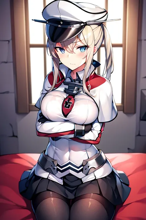 hight resolution, absurderes, High quality, 1girl in, Solo, Graf Zeppelin /(kancolle/), grey  eyes, Huge breasts, ((masutepiece, Best Quality,distinct image)), 1girl in, Solo, Lust, 8K, hard disk, (Portrait:1.2), Blonde hair, Twin-tailed, Long hair, side l...