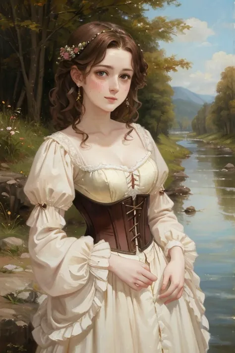 Beautiful woman, short wavy brown hair, rough pale skin, freckles. Goddess, fancy dress, corset, long puffy sleeves, heroine, blushing, best quality, oil painting, painting, classical painting, River, outside