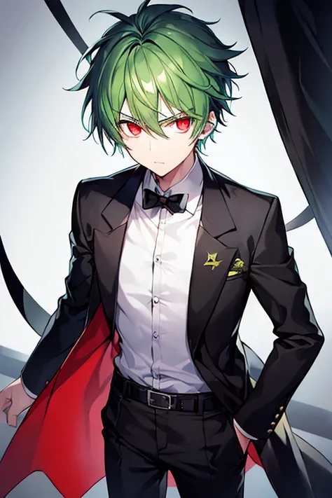 1boy, green hair, black jacket, white shirt, black pants, belt, serious, red eyes, glowing eyes, adult