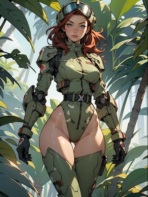 1woman 20 years old, sculpted, military, wearing a soldier helmet, beautiful, perfect body, realistic, red hair, perfect body, thin waist, full outfit, wide hips, large breasts, slim thighs, jungle background, armored vehicle, flying fighters, military rob...