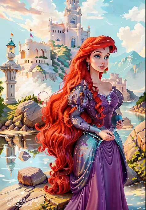 a painting of a woman in a purple dress standing on rocks, princess ariel, portrait of megara, shallan davar, beautiful characte...