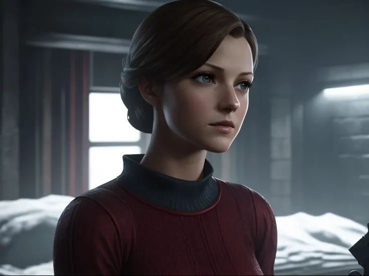 a woman in a snow white sweater holding a gun in a dark room, fundo do jogo resident evil3, melissa benoist Glamorosa, Captura de tela do videogame de 2023, cutscene de videogame, ps5 cinematic screen capture, Jogo CG, Cutscene CGI, 8k portrait render, ass...