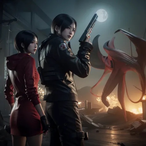 Ada wong ,Woman, wearing red hoody dress, bob hair, red polish, glare expression, glare, Look the other way