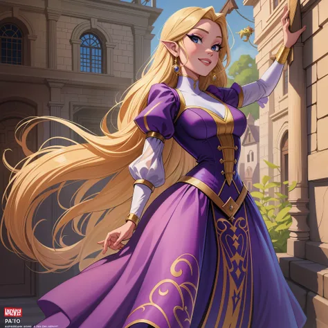 Rapunzel, fofa, art de avatar, cores planas, cabelos loiros muito longos, cabelo da Rapunzel, comic art, capa de comic, vestido violeta, fundo estrelado, corada, sorrindo feliz, Rapunzel de enrolados