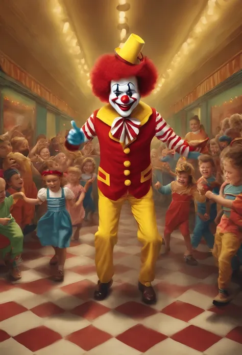 Sleazy McDonalds Clown leading a group of children in a conga line,original,Ronald McDonald