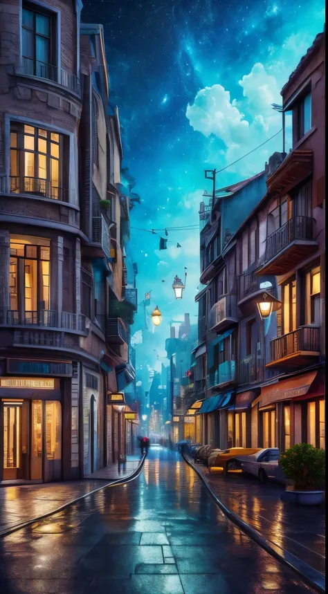 high quality, 8K Ultra HD, highly detailed, Abstraction, Oil, Sketch, Big city landscape made of starry sky, Cubism, Brush, Palette, Pigment, Stroke, Contrast, Depth, Creativity, Imagination, Fantastic Reality, Amazing, Magical environment, Ceramic, Cerule...