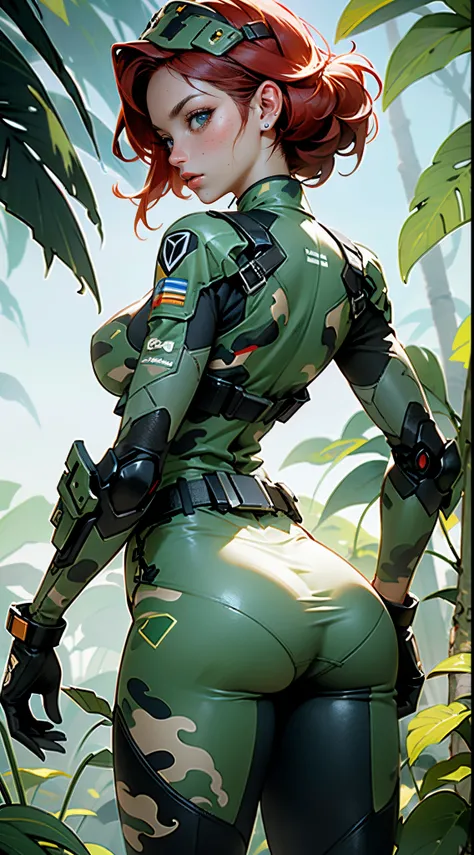 rear view, backside view,1woman 20 years old, max resolution, crisp lines, sculpted,gris military, wearing a soldier helmet, beautiful,( perfect body:1.4), red hair, perfect body, thin waist, wide hips, large breasts, slim thighs, jungle background, armore...