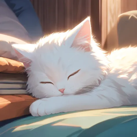 (Best quality at best, A high resolution),A white kitten curled up and sleeping,Flattering，with its soft fur,Calm,comfortably,Meticulous details,Cute little paws,serene,Comfortable,Quiet,Happy,vivd colour,gentlesoftlighting