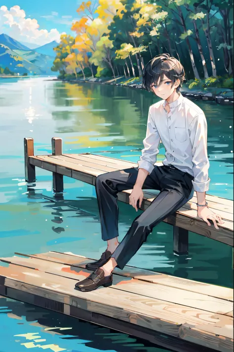 masterpiece, best quality, high quality, ultra detailed, wallpaper, 1boy, young, male focus, handsome, sitting on a dock with his feet crossed, full body illustration