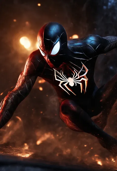 Spider-Man becomes Venom, glowing light eyes, Biomechanicals, eerie, crawling, nightmarish, The colors are very vivid, Light particles, Glowing light, Mshiv, wallpaper art, ultra HD wallpaper