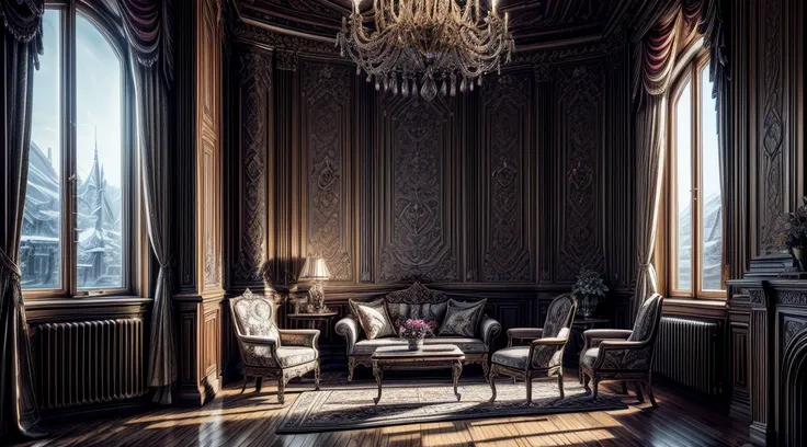 ((masterpiece)), (ultra-detailed), (intricate details), (high resolution CGI artwork 8k), castle living room in winter, Camera: (The window should be the focal point.) Resolution: This is an extremely high resolution image. Pay special attention to enhanci...