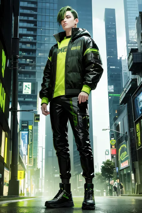 estilo cyberpunk. homem com roupa verde cyberpunk. background technological city in green and yellow colors. full body