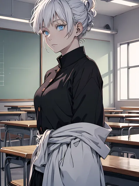 Woman, famale version, female, jujutsu kaisen, solo, alone, white hair, white eyebrows, white eyelashes, light blue eyes, wearing black shirt, black clothing, in classroom, school, high quality, 4k resolution, anime