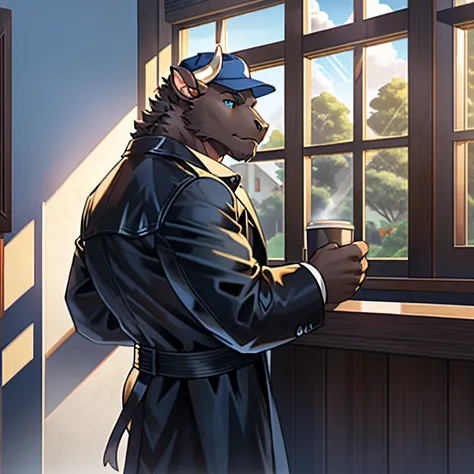 Solo, furry, male bulls, bull, cow , minotaur, brown fur, blue eyes, fluffy tail, wearing a black trench coat, wearing a blue cap, drinking coffee, looking out the window, detailed background