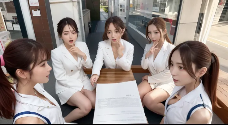 4-girls,超A high resolution, Photorealistic, Best Quality, 8K resolution,、s Office、all-fours、In the street、Thin constriction、Navel Ejection、apothecary、Manteau blanc、 Ah face, Ecstasy,  Face up, Shoot from above, Eyes roll back, eyes up