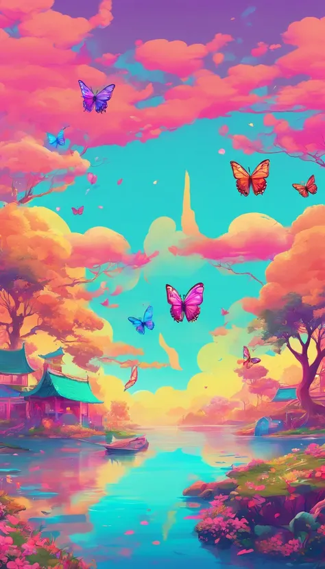 Beautiful energy art that gives power to those who see it。Landscape Images。butterflies dancing on the riverside。Fantastical。Dreamy。Fantasia。