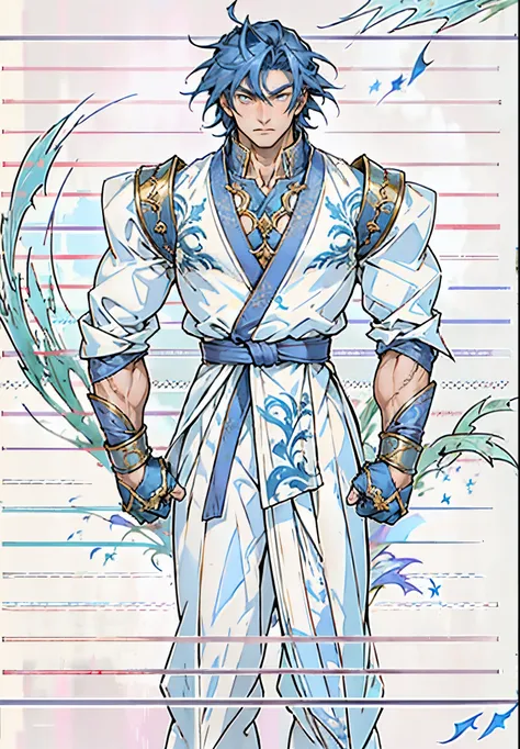 A young man, indigo blue hair, raised and fluffy short hairstyle, sharp gaze, a serious expression, a fantasy martial arts style sky-blue fabric kung fu outfit, tattered sleeves, hands wrapped with cords, a linen belt tied around the waist, coarse fabric t...