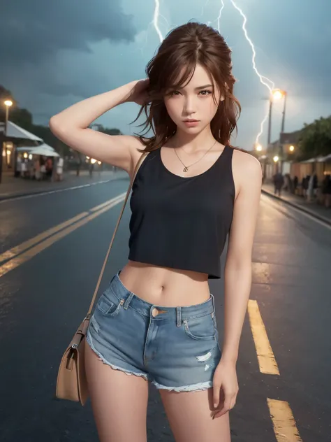 ((Small breasts))), ((Tomboy, small head)),teenage girl, Sunlight, Nikko, (flat abs: 1.1), (Perfect body: 1.1), (Short wavy hair: 1.2), Reddish brown hair, pony tail, collar, chain, full body shot, crowded street, no top, nude, no nipples, jeans jacket, ((...