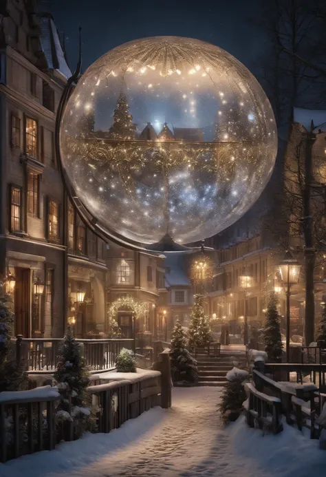 Imagine an enchanting scene where an intricately detailed mandala snow globe holds a beautiful glowing village within its delicate confines, illuminated against the backdrop of a serene night. Dive into extreme micro-details to bring the magic of this mini...