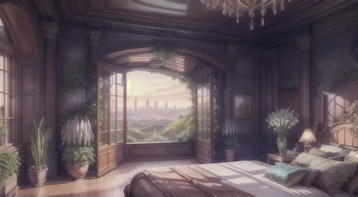 Solarpunk Dreamscape: The Royal Botanical Sanctuary | Generate an ornate botanical bedroom in the style of Versailles in a solarpunk world. There is a giant historical window in the bedroom. The giant French historical window is adorned with intricate carv...