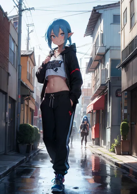 nefarious smirk, shady, ashy, goddess of mischief, giddy smirk, villainess, jinx, imp, sharp teeth, hoodie , sweat pants, long pants, cyan blue hair, window with rain in background d, hands in pockets, standing, short, pointy ears, navel, messy hair, visib...