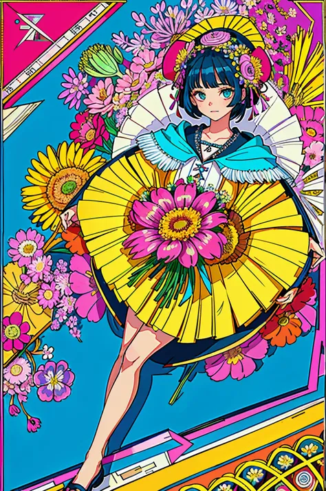 (ultra-detailed background, detailed background), absurdres, highres, ultra detailed, extremly detailed, 1girl, (bunch of flowers:1.3), (zentangle:1.2), (geometric:1.2),(colorful),