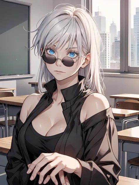 Woman, famale version, female, jujutsu kaisen, solo, alone, white hair, bangs, white eyebrows, white eyelashes, light blue eyes, wearing round sunglasses, cleavage, wearing black shirt, black clothing, in classroom, school, high quality, 4k resolution, ani...