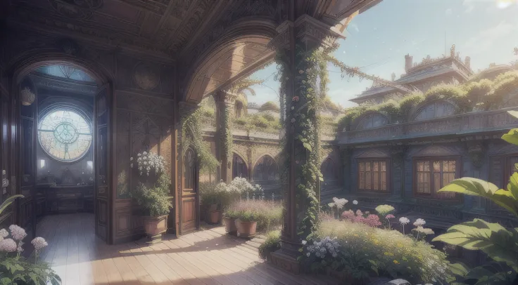 Dreamscape: The Royal Botanical Sanctuary | Generate an ornate botanical garden in the style of Versailles. There is a giant historical window in the room. The giant French historical window is adorned with intricate carvings and dominates one wall. Throug...