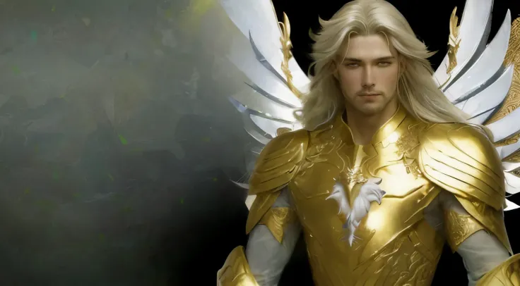 A close-up of a statue of a man with wings, Armadura Dourada Angelical, arcanjo, Macho loiro elfo ranger, elvish blonde male warrior, elfo masculino bonito, gold wings on head, um paladino masculino humano, Graphic artist Magali Villeneuve, Rio Masculino, ...