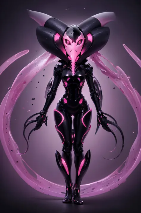 a humanoid squid. black body with pink subcolor. feminine. shiny. emits light. lips. full body image.