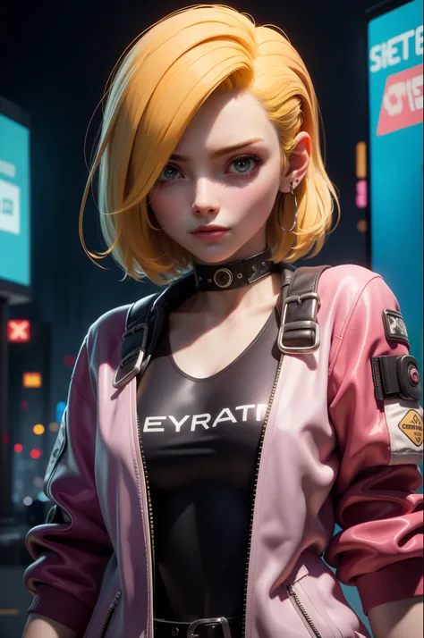 masterpiece, best quality, slim young girl with short yellow hair, earing, 19 years old, cyberpunk style, streeat wear, clothes with jacket, cyberpunk colors, porcelain skin, unfriendly expression, modern fashion,  dreamy atmosphere, soft lighting, intrica...