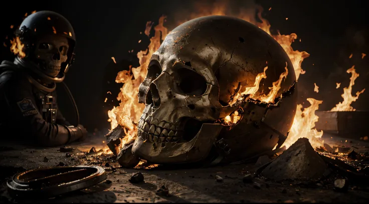 Masterpiece, (High Resolution and Quality: 1.5), Closed photo, Skull on fire with astronaut helmet, view of planet Earth in the background, sun rays, (Flames), Realistic Lighting