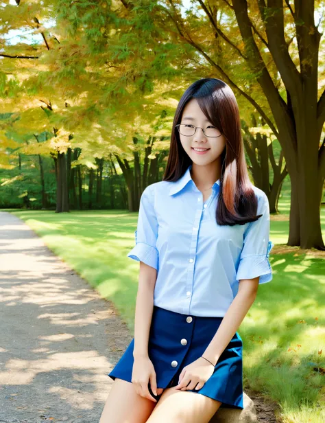 asian female student,  wear glasses, sleeping in the park, Shirt with open buttons showing breasts, very short skirt, realistic