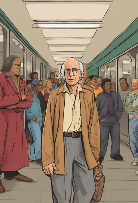 A photo of Larry glaring at a group of street performers in the subway station.,Curb Your Enthusiasm,Larry David, the character from “Curb Your Enthusiasm,” mirrors his real-life counterpart with a casual, often disheveled appearance, typically seen in kha...