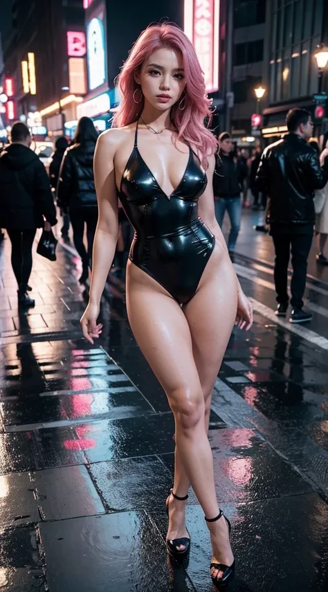 (best quality,4k,8k,highres,masterpiece:1.2),ultra-detailed,(realistic,photorealistic,photo-realistic:1.37),sexy woman,pink hair,seductive pose,long legs,fashionable outfit,pink heels,pink micro bikini,pink lipstick,intense gaze,dramatic lighting,city stre...