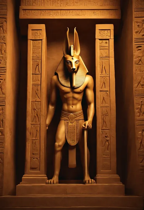 A photo of Anubis exploring an ancient and mysterious tomb adorned with hieroglyphics,original,anubis is a tall muscular man with the head of a jackal. he is dressed in pharaoh clothing from ancient egypt