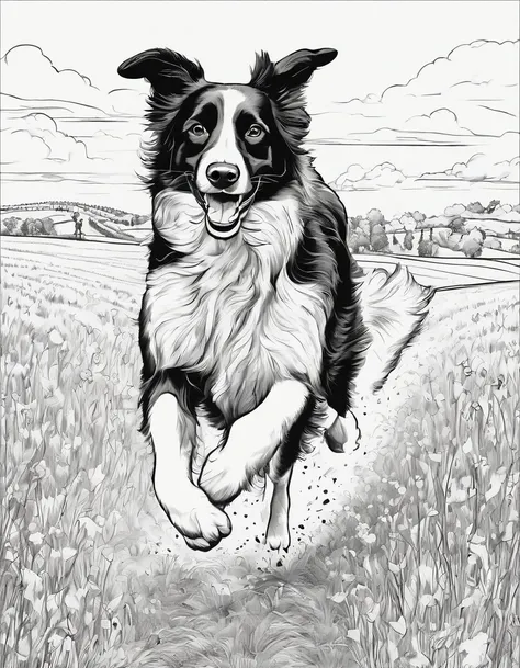 Border Collie running in a field, for coloring page, high quality, black and white, no shading, line art